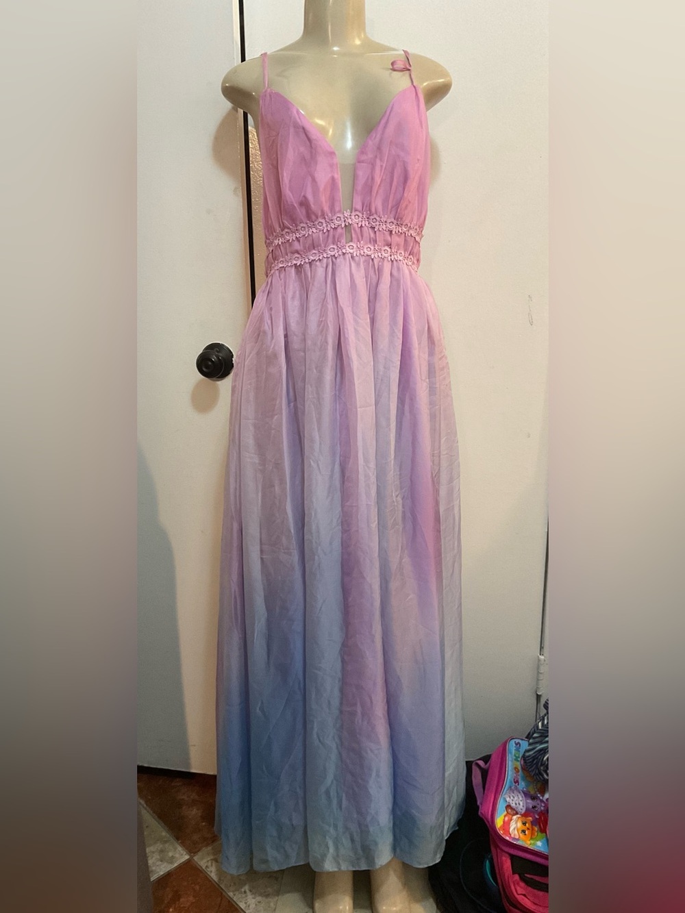 Women’s Lavender, Pink, blue Ombre Maxi Dress Floral Waist prom dress size M